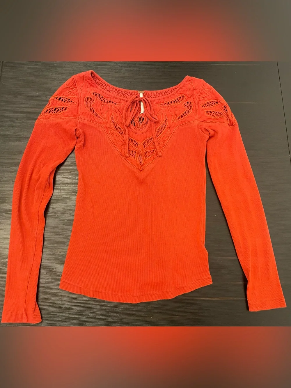 Free People Burnt Orange Long Sleeve Lace-Detail Ribbed Cotton Knit Keyhole Top